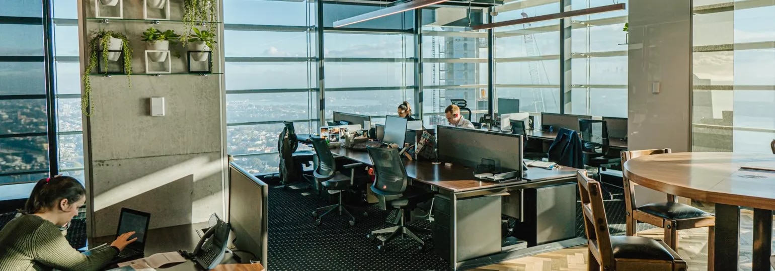close up on people working in a booth seating space in Barangaroo, tower 1