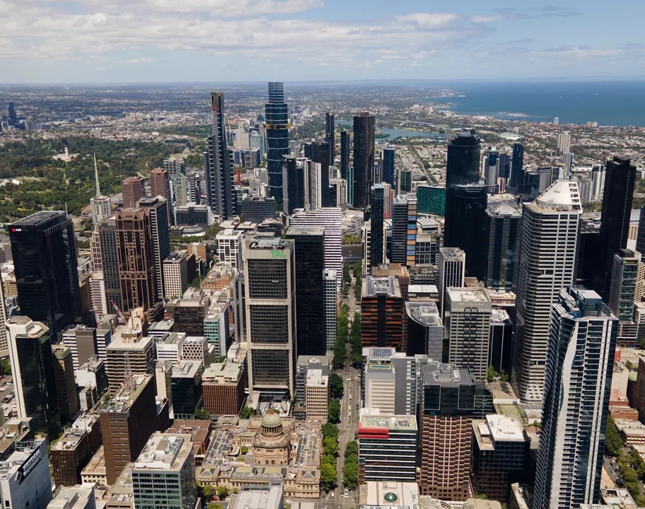 Drone shot of Melbourne CBD taken from Servcorp 140 William Street, Melbourne