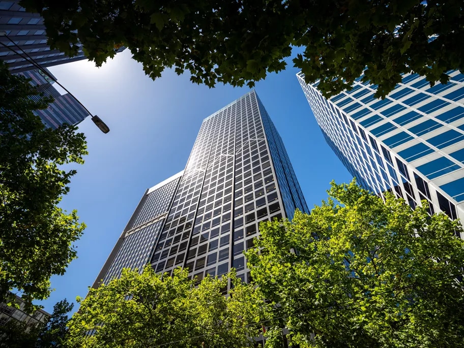 Low angle view of an A grade building of Servcorp 140 William Street, Melbourne