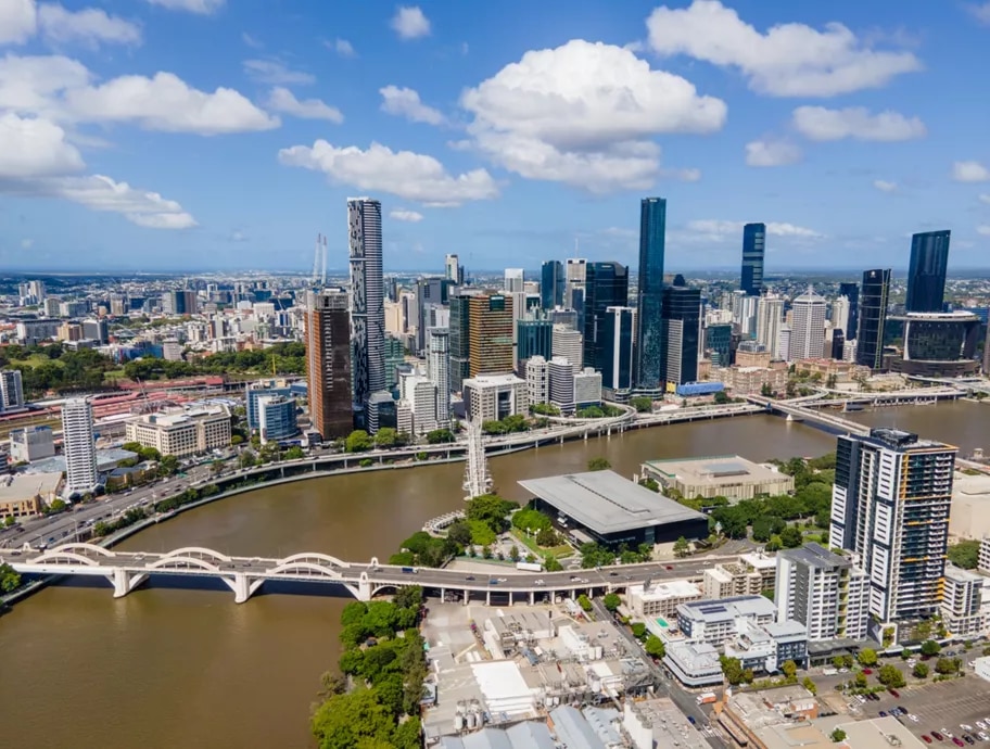 Drone shot of Brisbane with A grade building of Servcorp Santos Place in the centre